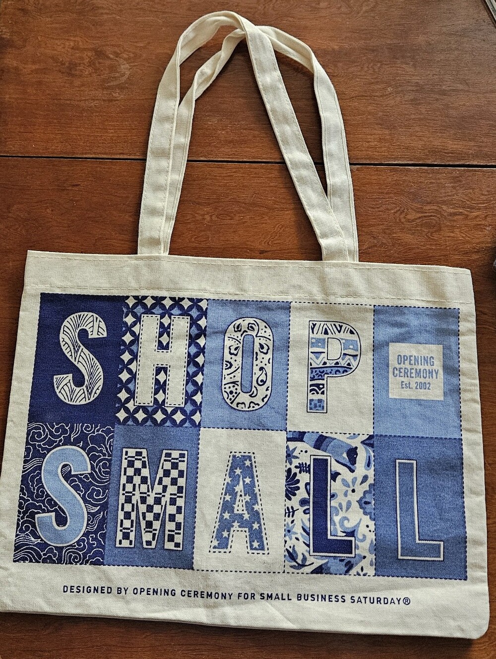 "Shop Small" Blue & Cream Canvas Tote
